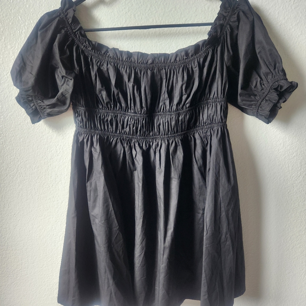 Forever 21 Black Ruched Mini Dress Puffed Sleeves XL NWOT